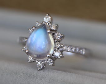 Teardrop 1.62ct Genuine Moonstone Diamond Halo Engagement Ring- Pear Natural Cabochon Moonstone Promise Ring- Solitaire 14k White Gold Ring