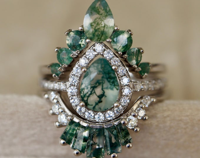 Pear Moss Agate Diamond Halo Deco Bridal 3 Ring in Solid 14k 18k Gold