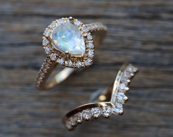 Teardrop Moonstone Engagement 2 Ring Set-Pear Natural Moonstone Halo Bridal Rings- Genuine Moonstone Ring w/ Moissanite Chevron Wedding Band