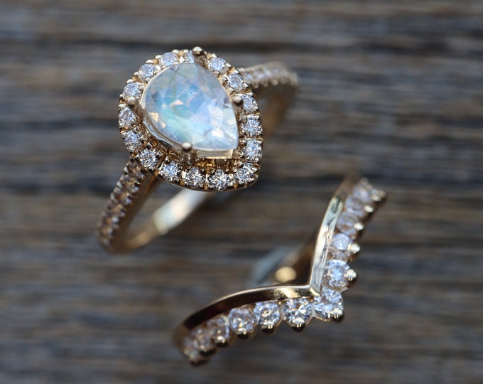 Teardrop Moonstone Engagement 2 Ring Set-Pear Natural Moonstone Halo Bridal Rings- Genuine Moonstone Ring w/ Moissanite Chevron Wedding Band