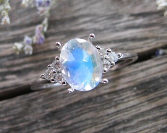 Oval Moonstone Diamond Engagement Ring- Blue Moonstone Promise Ring for Her- Moonstone White Gold Ring- Moonstone Anniversary Ring