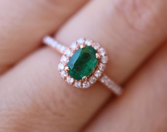 Genuine Oval 0.53ct Green Emerald Halo Diamond Dainty Promise Ring- 10k Rose Gold Natural Emerald Petite Solitaire Ring- May Birthstone Ring
