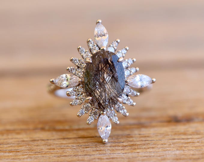 Genuine Natural Tourmalated Quartz Oval Engagement Ring- Unique Black Rutile Diamond Halo Ring-Alternative Salt & Pepper Diamond Deco Ring