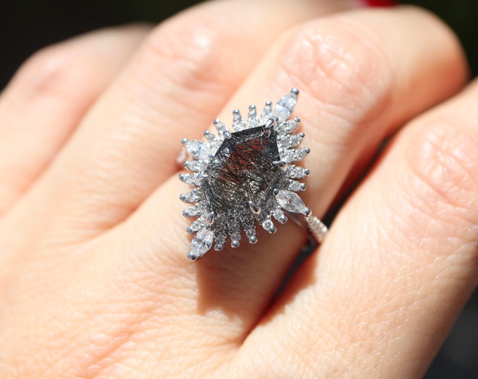 Tourmalated Quartz Elongated Hexagon Engagement Ring- Kite Shaped Black Rutile Diamond Halo Ring -  Alternative Salt & Pepper Diamond Ring
