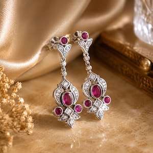 Genuine Ruby with Diamond Vintage 4k White Gold Floral Dangle Earring