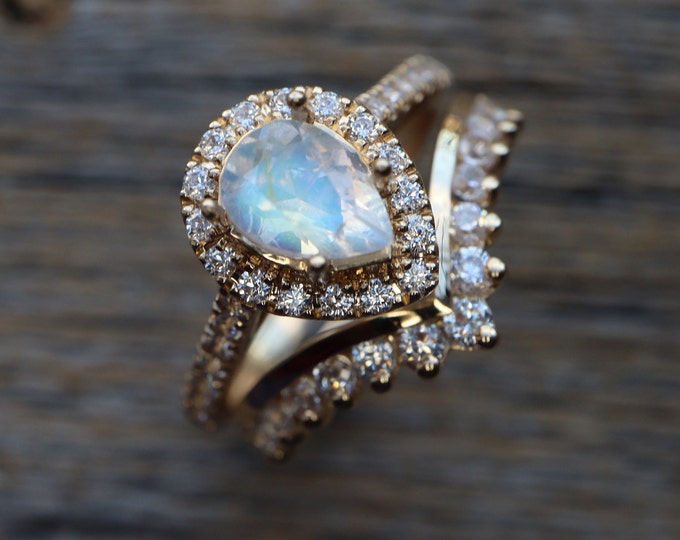 Teardrop Moonstone Engagement 2 Ring Set-Pear Natural Moonstone Halo Bridal Rings- Genuine Moonstone Ring w/ Moissanite Chevron Wedding Band
