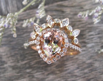 Solid 14k Gold Genuine Morganite Halo Bridal 2 Ring Set- Large Teardrop Natural Morganite Halo Engagement Ring Set w/ Sunburst Wedding Band