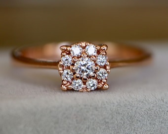 14k Rose Gold 6mm Genuine 0.16ct Diamond Cluster Promise Ring- Natural Round Brilliant Petite Diamond Solitaire Tapered Solitaire Ring