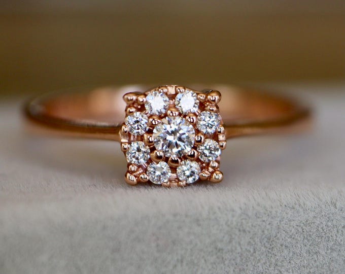 14k Rose Gold 6mm Genuine 0.16ct Diamond Cluster Promise Ring- Natural Round Brilliant Petite Diamond Solitaire Tapered Solitaire Ring