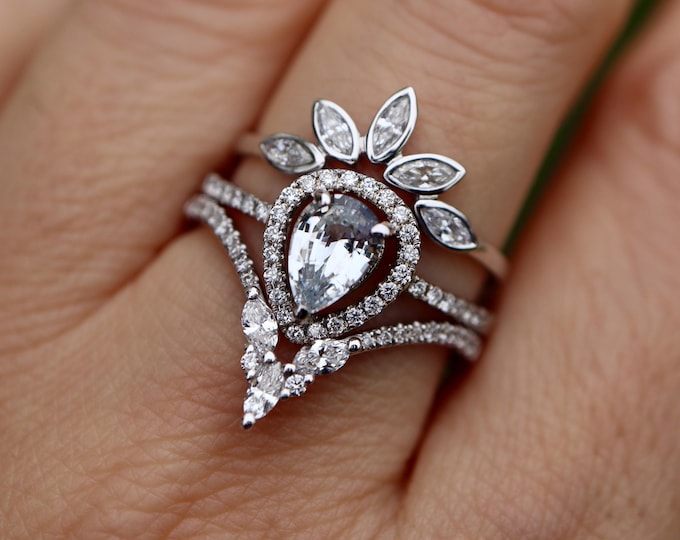 Pear White Sapphire with Genuine Diamond Marquise 3 Ring Set-Teardrop Natural Sapphire Halo Engagement Ring-Pear Colorless Gold 14k 18k Ring