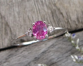 0.52ct Genuine Ruby Deco Dainty Three Stone Ring- Oval Pink Ruby Diamond Vintage Promise Ring for Her- White Gold Antique Ruby Prong Ring
