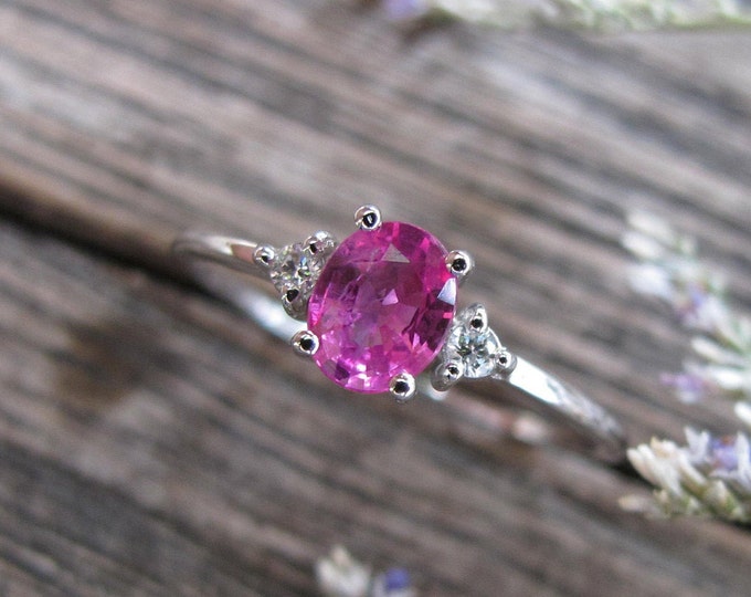 0.60ct Genuine Ruby Deco Dainty Three Stone Ring- Oval Pink Ruby Diamond Vintage Promise Ring for Her- White Gold Antique Ruby Prong Ring