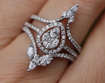 Cluster Genuine Diamond Marquise 3 Ring Set- Teardrop Natural Diamond Illusion Halo Engagement Ring- Unique Pear Diamond Colorless Ring