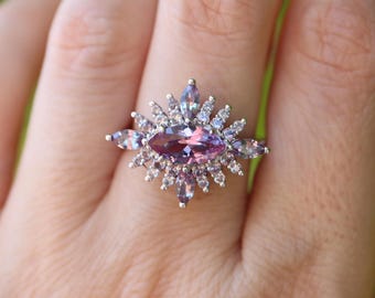 Marquise Alexandrite Engagement Ring- Halo Color Change Alexandrite Solid Real Gold East West Ring- Purple Blue Color Anniversary Ring
