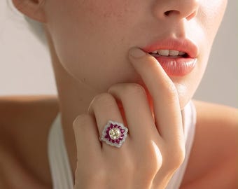 Genuine Cushion Diamond with Ruby Halo Gia Certified 1.20ct 18k White Gold Deco Ring