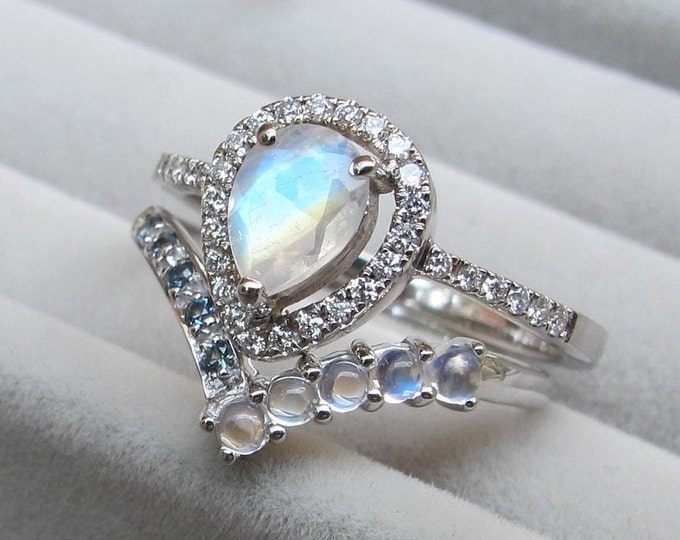 Teardrop Moonstone Sapphire Engagement 2 Ring Set- Halo Moonstone Bridal 2 Rings- White Gold Ring w/ Moonstone Sapphire Chevron Wedding Band
