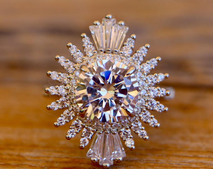9mm Brilliant Round Moissanite Deco Engagement Ring- Alternative White Diamond Halo Vintage Ring- Genuine Moissanite Ring for Her