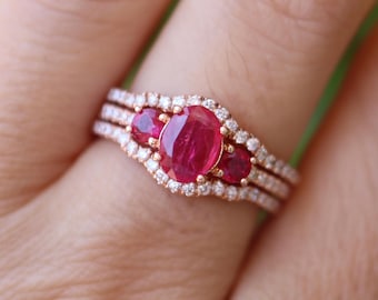 Genuine Oval Ruby Deco Three Stone 14k Rose Gold Ring- Red Pink Ruby Diamond Prong Vintage 3 Ring Set- Natural Ruby Ring with 2 Diamond Band