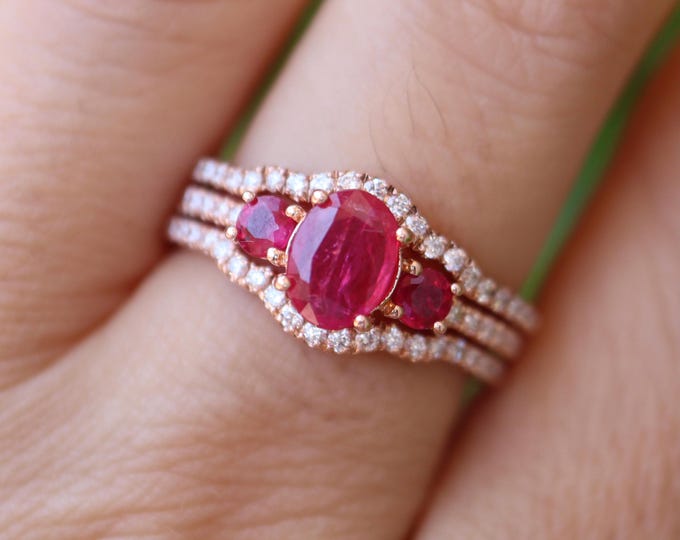 Genuine Oval Ruby Deco Three Stone 14k Rose Gold Ring- Red Pink Ruby Diamond Prong Vintage 3 Ring Set- Natural Ruby Ring with 2 Diamond Band