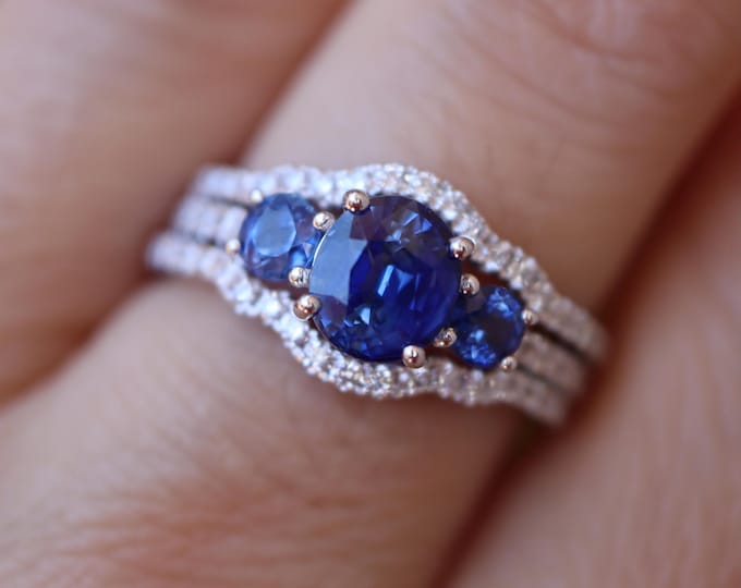 Genuine Oval 1.59ct Blue Sapphire Three Stone 14k White Gold Ring-Sapphire Diamond Vintage 3 Ring- Natural Sapphire Ring with 2 Diamond Band