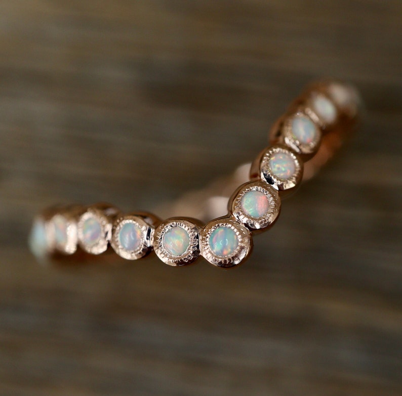 Round Opal Eternity Wedding Chevron Milgrain Vintage Band Lab Opal Curve Nesting Deco Band Stackable Solid Gold Bubble Opal Bezel Band 10k Rose Gold