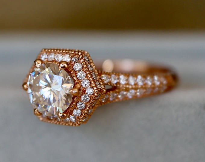 1ct 6mm Round Lab Grown Halo Diamond Hexagon 18k Solid Rose Gold Solitaire Ring-Brilliant Alternative Diamond Deco Antique Milgrain Ring
