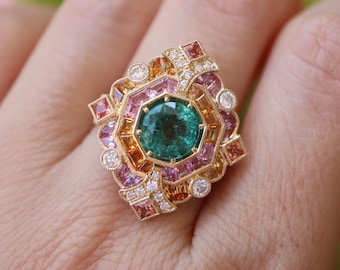 Genuine Green Emerald Octagon Deco 18k Gold Engagement Ring- Large Double Milgrain Halo Baguette Pink Orange Sapphire Diamond Solitaire Ring