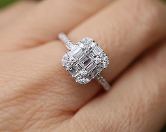 Illusion Genuine Baguette Diamond Deco Solitaire Ring- Solid 18k White Gold Emerald Cut Engagement Ring- Natural Diamond Anniversary Ring