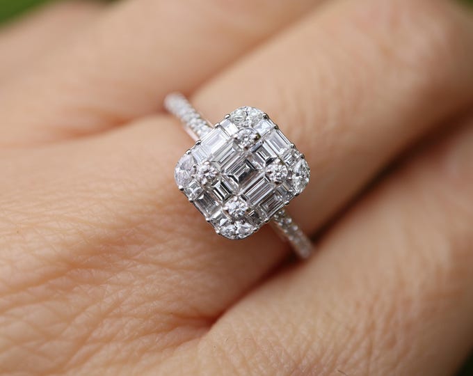 Illusion Genuine Baguette Diamond Deco Solitaire Ring- Solid 18k White Gold Emerald Cut Engagement Ring- Natural Diamond Anniversary Ring