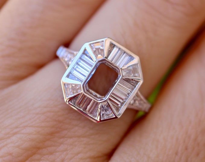 6x4mmArt Deco Semi Mounting Baguette Diamond Halo Engagement Ring- Unmounted Cluster Diamond Solid 18k White Gold Vintage Milgrain Ring