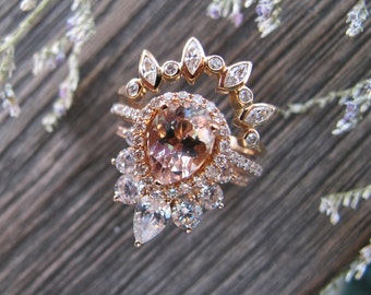 Solid 14k Gold Genuine Morganite Halo Bridal 3 Ring Set for Her-Teardrop Natural Morganite Halo Engagement Ring Set w/ 2 Curved Wedding Band