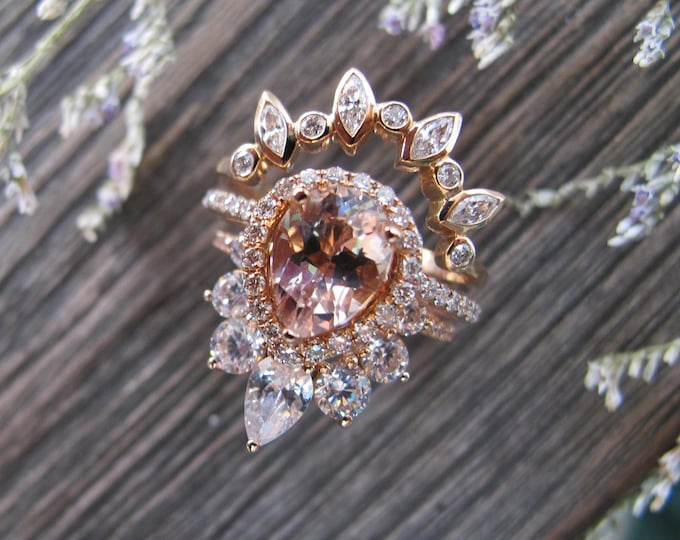 Solid 14k Gold Genuine Morganite Halo Bridal 3 Ring Set for Her-Teardrop Natural Morganite Halo Engagement Ring Set w/ 2 Curved Wedding Band