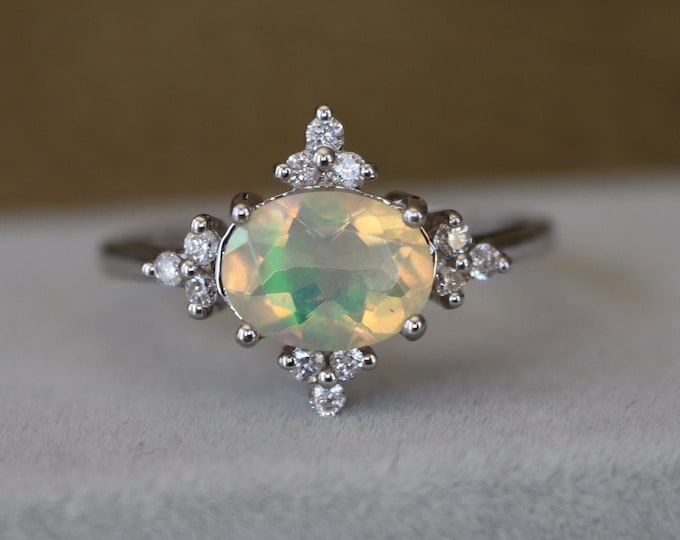 Natural Facet Oval 1ct Opal Diamond Engagement Ring- Genuine Fire Opal Promise Ring for Her- Ethiopian Welo Opal White Gold Solitaire Ring