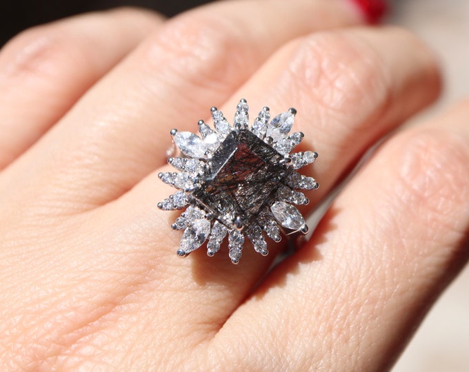 Large Tourmalated Quartz Halo Engagement Ring-Rectangle Genuine Natural Black Rutile Ring-Emerald Cut Alternative Salt & Pepper Diamond Ring