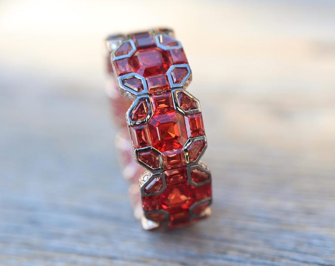Square Octagon Genuine Cluster Red Ruby Full Eternity Deco Wedding Band- Geometric Baguette Fancy Cut Natural Ruby Solid 18k Rose Gold Ring