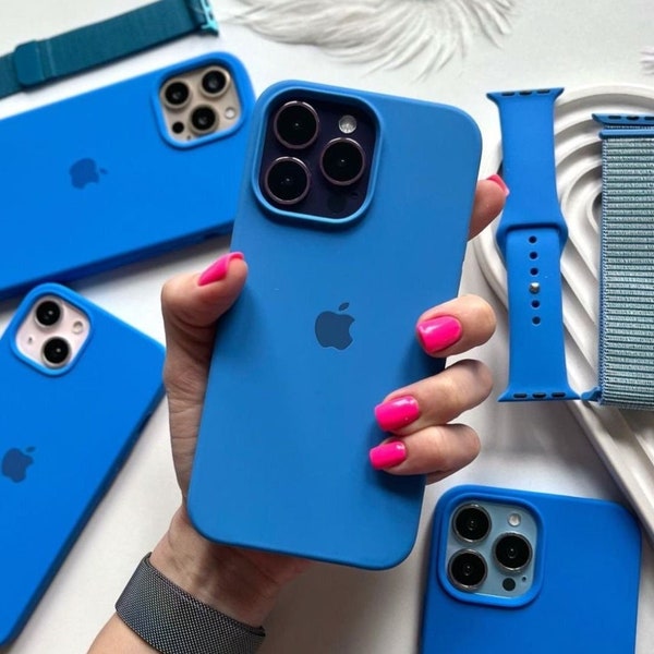 Capri Blue Custom Color - Étui de téléphone en silicone couleurs unies pour iPhone 15 14 Plus 14 Pro 14 13 Pro Max 13 12 11 Pro Max 13 12 11 Mini Case