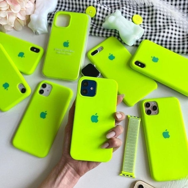 Couleur vert fluo - Étui de téléphone en silicone de couleurs unies pour iPhone 15 14 Plus 14 Pro 14 13 Pro Max 13 12 11 Pro Max 13 12 11 Mini Case