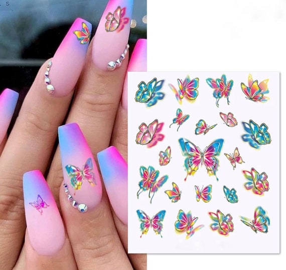 5D Gradient Colorful Butterfly Nails Art Stickers Summer Butterfly Floral Decal  Nail Stickers Japanese Trend Decoration Accesoir