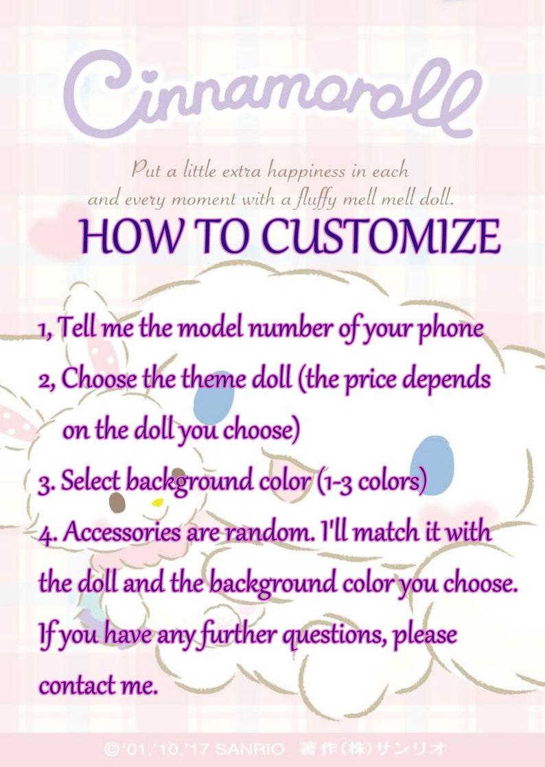 May include: A light pink and white graphic with the word "Cinnamoroll" in a cursive font. The image includes instructions on how to customize a doll, with text in purple and a cartoon character.