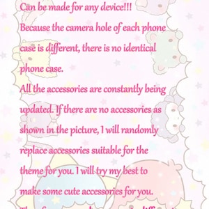 May include: Pink and white background with text that reads "Tips: Can be made for any device!!!" and other details about phone cases. The image has cartoon characters and stars.