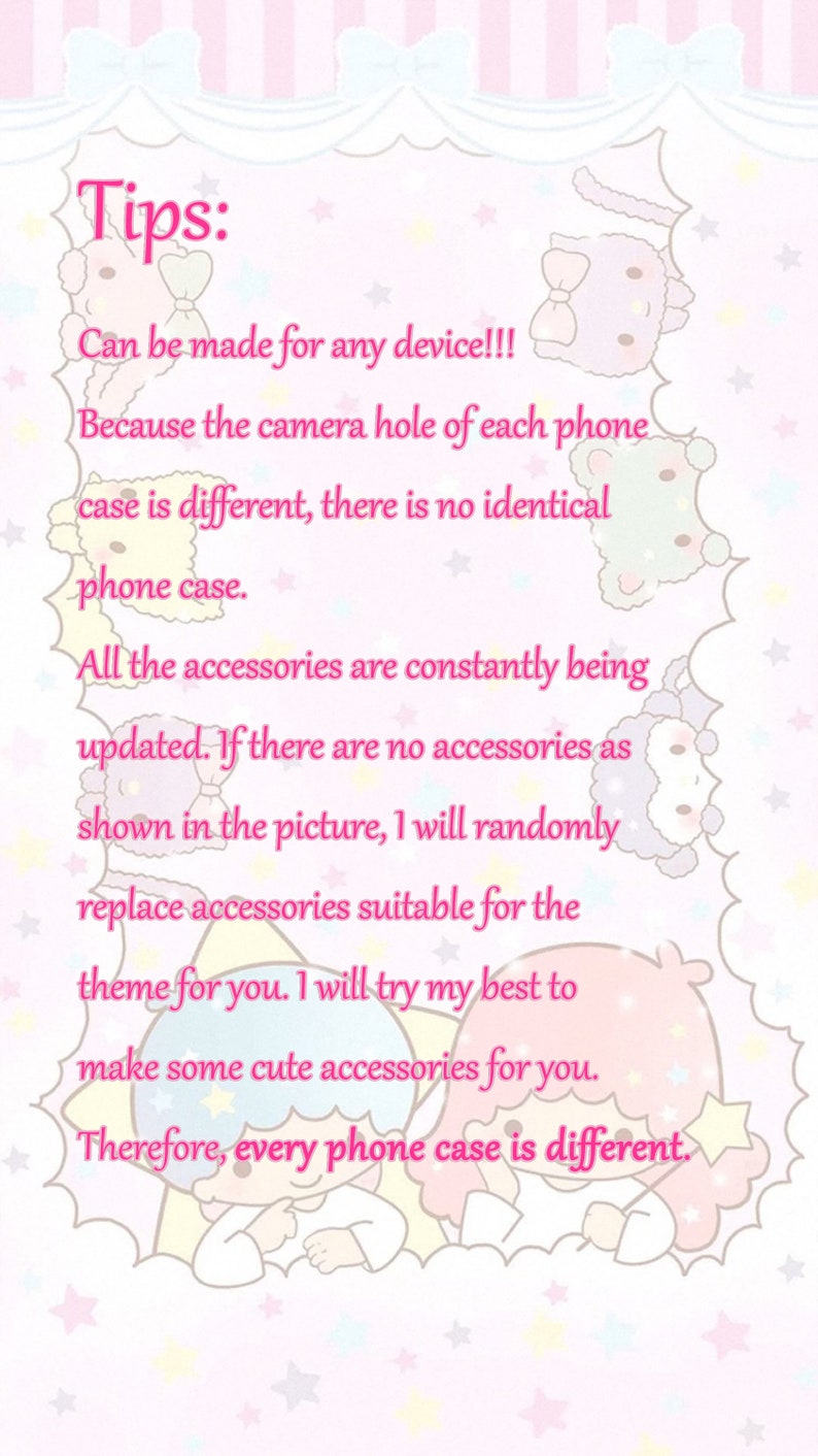 May include: Pink and white background with text that reads "Tips: Can be made for any device!!!" and other details about phone cases. The image has cartoon characters and stars.