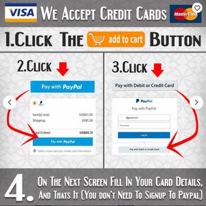 May include: Graphic with instructions on how to pay with credit cards. The image shows the Visa and Mastercard logos, and steps to pay with PayPal or a debit/credit card. Text includes "We Accept Credit Cards" and "Click the add to cart button."
