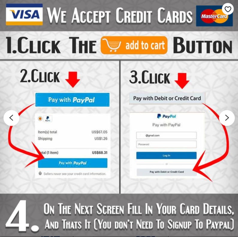 May include: Graphic with instructions on how to pay with credit cards. The image shows the Visa and Mastercard logos, and steps to pay with PayPal or a debit/credit card. Text includes "We Accept Credit Cards" and "Click the add to cart button."