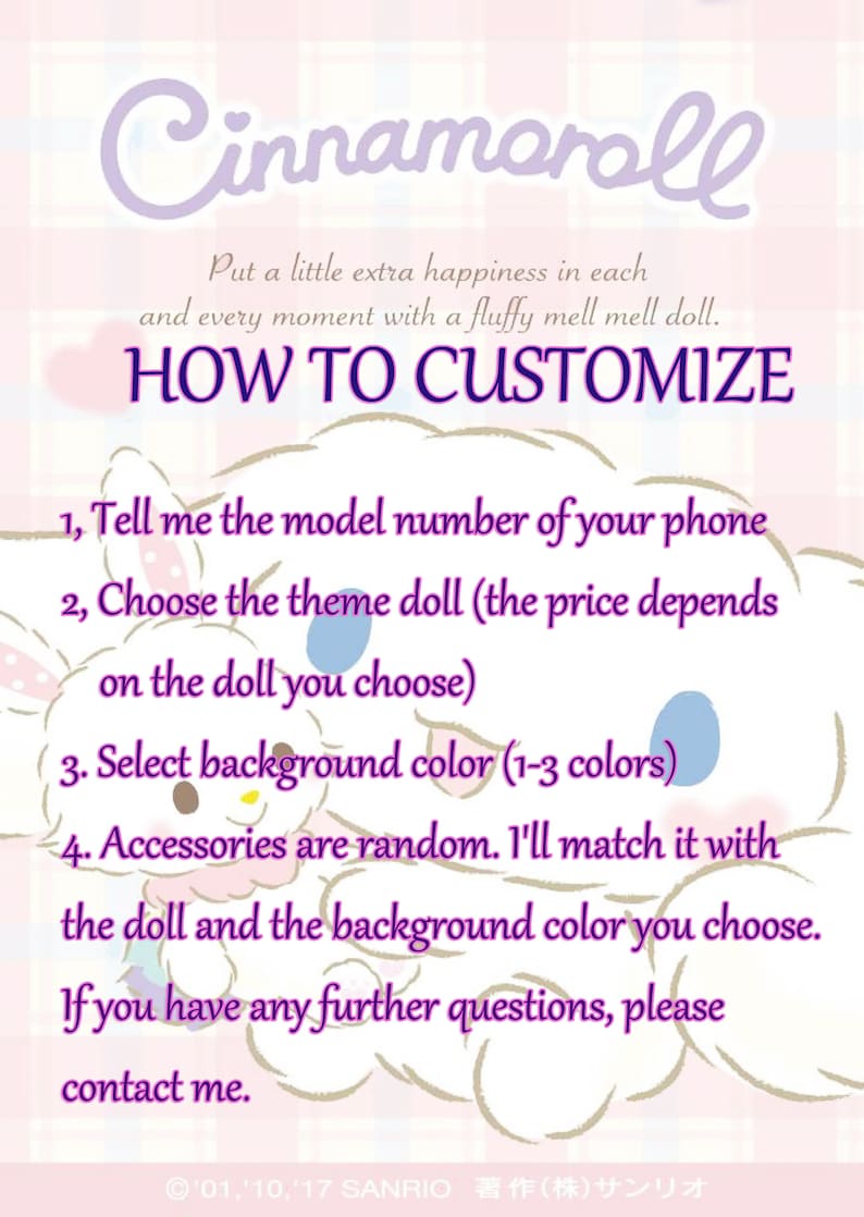 May include: A light pink and white graphic with the word "Cinnamoroll" in a cursive font. The image includes instructions on how to customize a doll, with text in purple and a cartoon character.