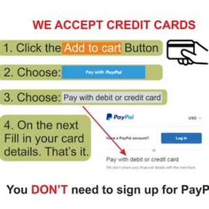 May include: A diagram showing how to pay with a credit card on a website. The steps include clicking the "Add to cart" button, choosing "Pay with PayPal", choosing "Pay with debit or credit card", and filling in your card details. The text "You DON'T need to sign up for PayPal" is also included.
