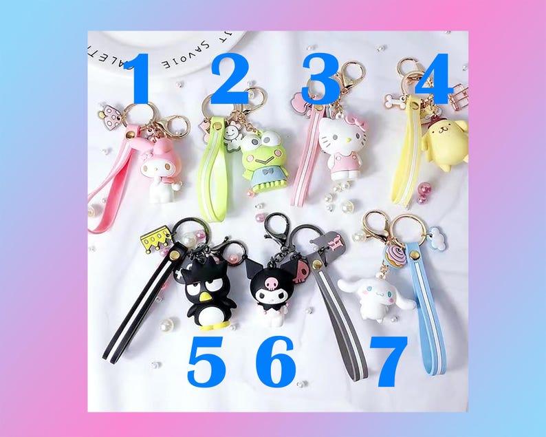 Pu&ograve; includere: Sette portachiavi colorati con diversi personaggi dei cartoni animati. I portachiavi sono numerati da 1 a 7. I personaggi includono una rana, un personaggio simile a Hello Kitty, un gatto bianco e nero, un coniglietto rosa e un cane bianco.