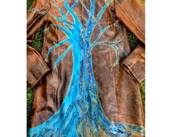 Vintage distressed brown leather jacket, hand painted, Blue Tree, gift for her