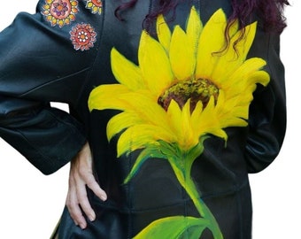 Vintage black leather coat; hand painted fiber art, sunflower, gift for her