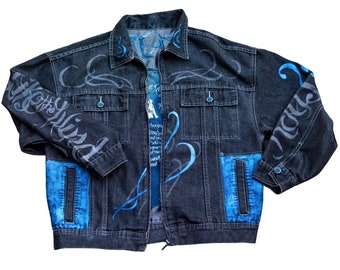 Vintage smokey black denim jacket with metallic blue, gray hand painted images