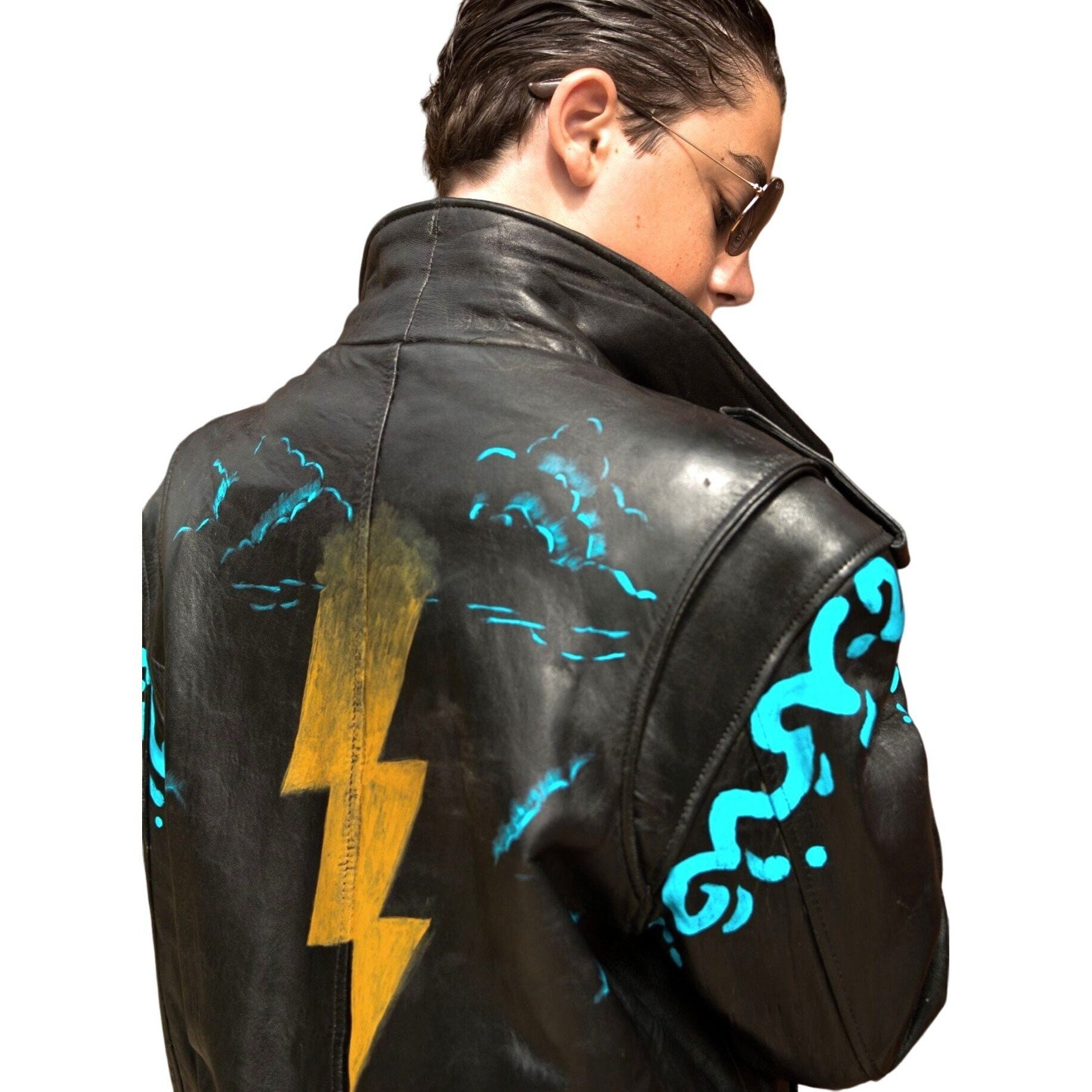 Vintage Black Leather Bomber Jacket; Hand Painted Original Vintage Black Leather Bomber Jacket; Hand Painted Original